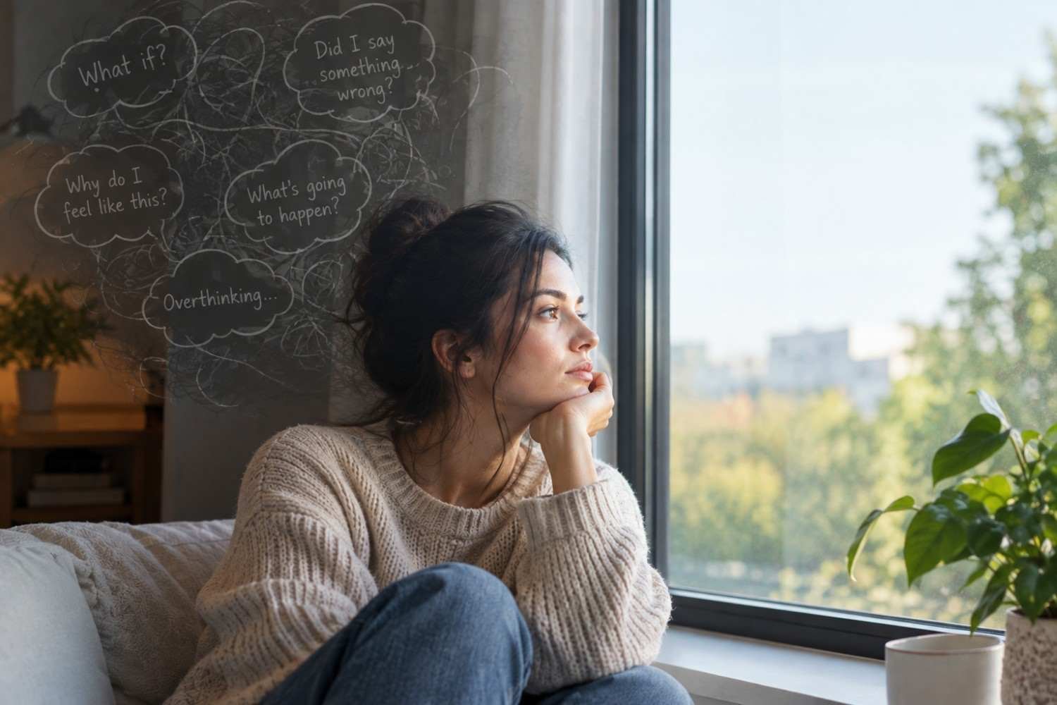 A young woman sits thoughtfully by a window as tangled thoughts and question marks surround her, symbolising overthinking and repetitive negative thoughts.
