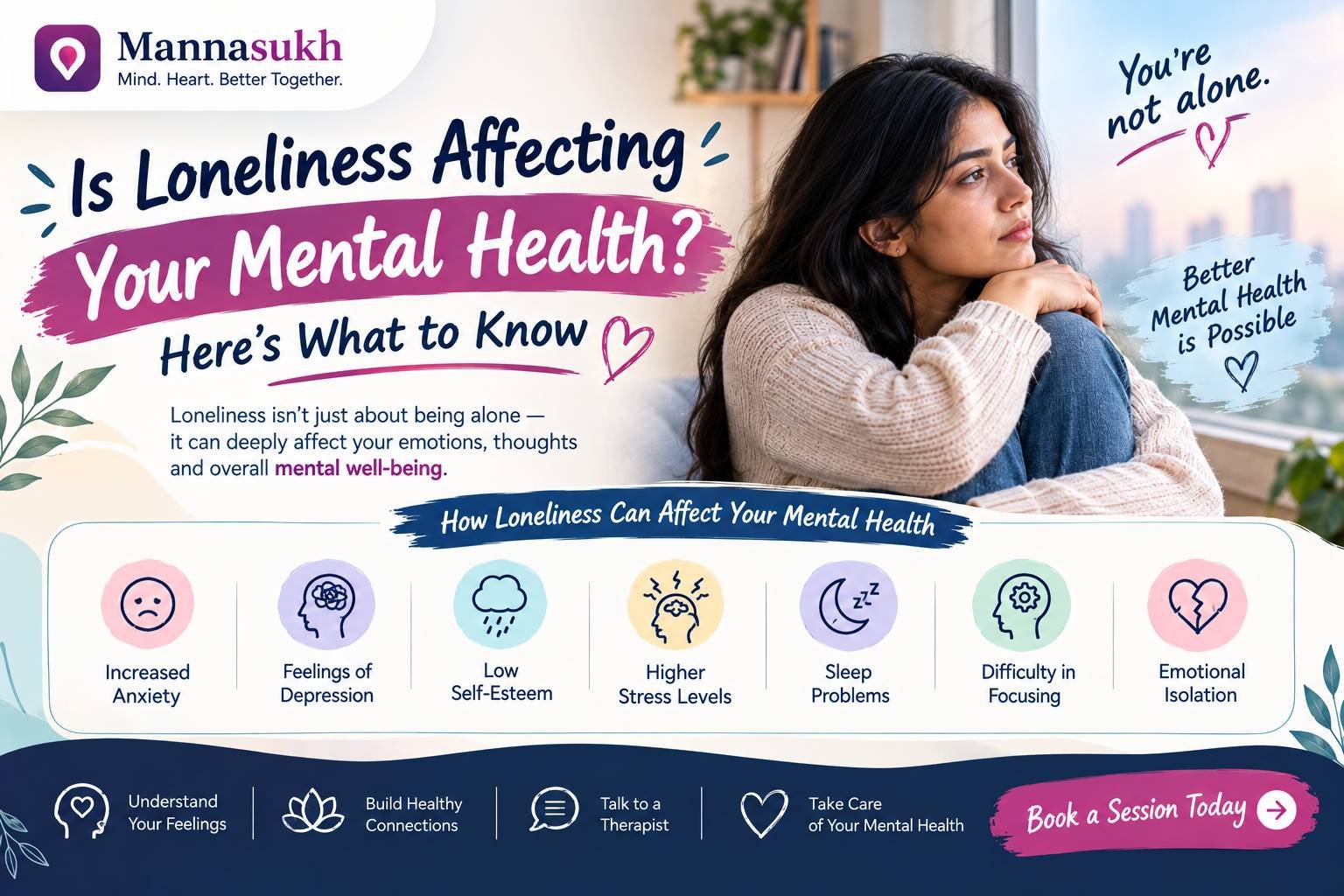 Loneliness is more than being alone—it is feeling disconnected, even when surrounded by others. Long-term loneliness can affect mental health by increasing stress, anxiety, and the risk of depression. Building meaningful